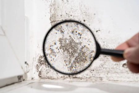 checking for damp with black mould on wall 